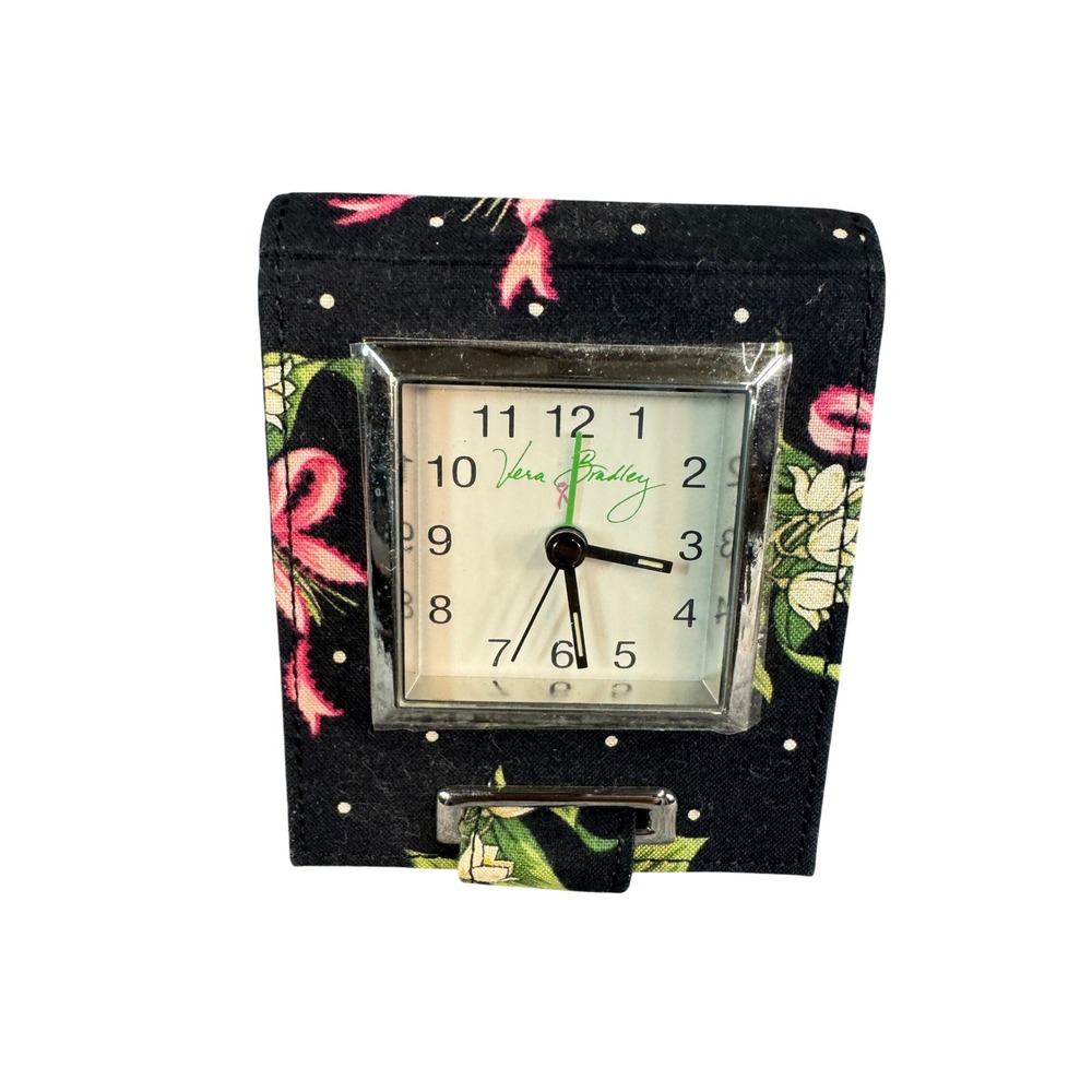 Vera Bradley Travel Alarm Clock Mistletoe Floral Black Pink Polka Dot Folding